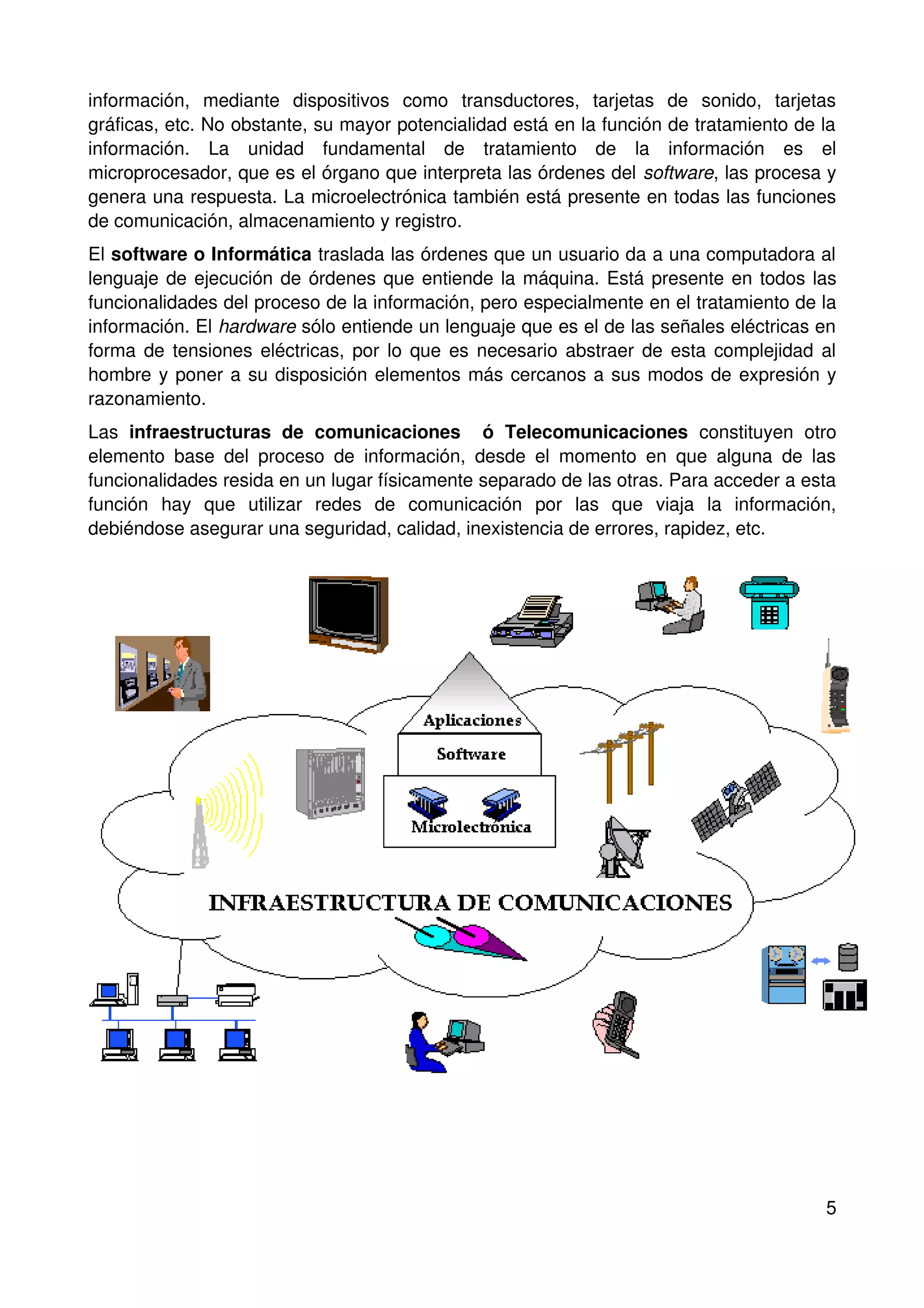 información, mediante dispositivos como transductores, tarjetas de sonido, tarjetas
gráficas, etc. No obstante, su mayor potencialidad está en la función de tratamiento de la
información. La unidad fundamental de tratamiento de la información es el
microprocesador, que es el órgano que interpreta las órdenes del software, las procesa y
genera una respuesta. La microelectrónica también está presente en todas las funciones
de comunicación, almacenamiento y registro.
El software o Informática traslada las órdenes que un usuario da a una computadora al
lenguaje de ejecución de órdenes que entiende la máquina. Está presente en todos las
funcionalidades del proceso de la información, pero especialmente en el tratamiento de la
información. El hardware sólo entiende un lenguaje que es el de las señales eléctricas en
forma de tensiones eléctricas, por lo que es necesario abstraer de esta complejidad al
hombre y poner a su disposición elementos más cercanos a sus modos de expresión y
razonamiento.
Las infraestructuras de comunicaciones ó Telecomunicaciones constituyen otro
elemento base del proceso de información, desde el momento en que alguna de las
funcionalidades resida en un lugar físicamente separado de las otras. Para acceder a esta
función hay que utilizar redes de comunicación por las que viaja la información,
debiéndose asegurar una seguridad, calidad, inexistencia de errores, rapidez, etc.




                                                                                        5
 