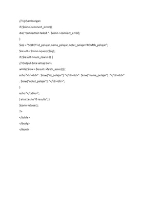 // Uji Sambungan
if ($conn->connect_error) {
die("Connectionfailed:". $conn->connect_error);
}
$sql = "SELECT id_pelajar,nama_pelajar,notel_pelajarFROMtb_pelajar";
$result= $conn->query($sql);
if ($result->num_rows>0) {
// Outputdata setiapbaris
while($row =$result->fetch_assoc()) {
echo"<tr><td>" . $row["id_pelajar"]."</td><td>". $row["nama_pelajar"] ."</td><td>"
. $row["notel_pelajar"]."</td></tr>";
}
echo"</table>";
} else { echo"0 results";}
$conn->close();
?>
</table>
</body>
</html>
 