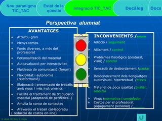 Nou paradigma TIC_TAC   Estat de la  qüestió Integració TIC_TAC  Decàleg Docs Perspectiva  alumnat AVANTATGES Atractiu gran Menys temps Fonts diverses, a més del professorat Personalització del material Autoavaluació per interactivitat Fluidessa de comunicació (forum) Flexibilitat i autonomia (teleformació) Elaboració i presentació de treballs amb nous i més instruments Facilita el tractament de d’Educació especial (adaptació de perifèrics..) Amplia la xarxa de contactes  Afavoreix el treball col·laboratiu ( reducció de costos on-line) INCONVENIENTS / solució Adicció /  seguiment  Aïllament /  control Problemes fisiològics (postural, visió) /  control Sensació de desbordament / pautar Desconeixement dels llenguatges audiovisual, hipertextual  / previs Material de poca qualitat / anàlisi, selecció Virus / normativa i congelador Costos per el professorat (equipament personal) /_ _____ D. Atzet, MC Díez, S. Zurita 