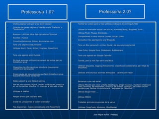 Professor/a 1.0? Visites pàgines web per a les teves classes Guardes les teves pàgines d'interès en els "Preferits" o "bookmarks" Busques i utilitzes fotos dels cercadors d'Internet Escoltes  música Consultes Britannica Online, diccionarios.com Tens una pàgines web personal Utilitzes Word, Excel, Writer, Impress, PowerPoint Tens una agenda amb Outlook Els teus alumnes utilitzen tractament de textos per als treballs en grup Organitzes la informació per directoris (taxonomia: classificació jeràrquica) Encarregues als teus alumnes que facin treballs en grup buscant informació a Internet Estàs subscrit a una llista de correu Fas els teus apunts, lliçons, unitats didàctiques, exercicis en un format per imprimir i / o penjar al teu web o blog Utilitzes el telèfon Penges arxius pdf a la teva web Instal·les  programes al vostre ordinador Fas diagrames i mapes conceptuals amb PowerPoint   Professor/a 2.0? També les visites però a més utilitzes sindicació de continguts RSS Uilitzes un marcador social: del.icio.us, humistes Wong, Bloglines, Yurls... Utilizas Flickr, Picasa, Webshots... Comparteixes la teva música: Itunes, GoEar, Odeo Consultes i fas aportacions a la Wikipedia Tens un Bloc personal i un bloc d'aula i els teus alumnes també Uses Zoho, Google Docs, Slideshare, Bubbleshare Tens una agenda en Google Calendar També, però a més fan servir els Wikis Utilitzar etiquetes, tagging (folcsonomia: classificació colaborativa per mitjà de etiquetas) Utilitzes amb els teus alumnes WebQuest i caceres del tresor Pertanys a una red social Utilizas Moodle per crear unitats didàctiques, afegir recursos, mantenir interacció amb l'alumnat, fer enquestes, exercicis de diversa tipologia, per crear fòrums temàtics per facilitar la comunicació i expressió de l'alumnat ... Utilizas Skype Vsee ... Utilizas ISSUU Treballes amb els programes de la xarxa Utilitzes CmapTools, Mindomo, MindMeister Juan Miguel Muñoz . Pedagog . 