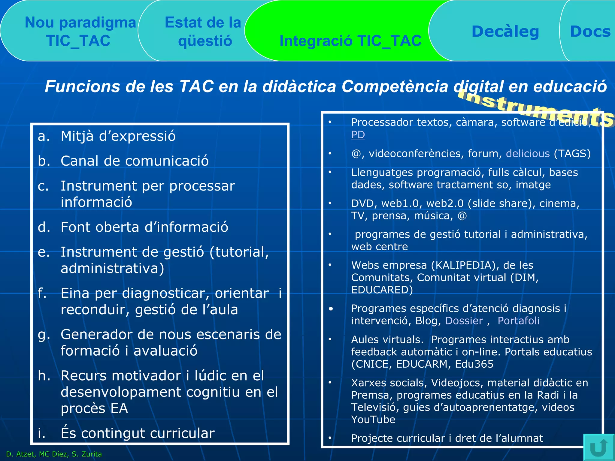 Instruments Nou paradigma TIC_TAC   Estat de la  qüestió Integració TIC_TAC  Decàleg Docs Funcions de les TAC en la didàctica Competència digital en educació Mitjà d’expressió Canal de comunicació Instrument per processar informació Font oberta d’informació Instrument de gestió (tutorial, administrativa) Eina per diagnosticar, orientar  i  reconduir, gestió de l’aula Generador de nous escenaris de formació i avaluació Recurs motivador i lúdic en el desenvolopament cognitiu en el procès EA És contingut curricular Processador textos, càmara, software d’edició ,  PD @, videoconferències, forum,  delicious  (TAGS) Llenguatges programació, fulls càlcul, bases dades, software tractament so, imatge DVD, web1.0, web2.0 (slide share), cinema, TV, prensa, música, @ programes de gestió tutorial i administrativa, web centre Webs empresa (KALIPEDIA), de les Comunitats, Comunitat virtual (DIM, EDUCARED) Programes específics d’atenció diagnosis i intervenció, Blog,  Dossier  ,  Portafoli    Aules virtuals.  Programes interactius amb feedback automàtic i on-line. Portals educatius (CNICE, EDUCARM, Edu365 Xarxes socials, Videojocs, material didàctic en Premsa, programes educatius en la Radi i la Televisió, guies d’autoaprenentatge, videos YouTube Projecte curricular i dret de l’alumnat D. Atzet, MC Díez, S. Zurita 