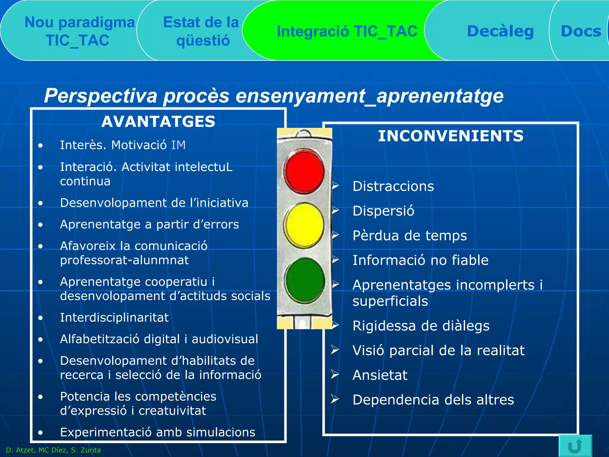 Nou paradigma TIC_TAC   Estat de la  qüestió Integració TIC_TAC  Decàleg Docs Perspectiva procès ensenyament_aprenentatge AVANTATGES Interès. Motivació  IM Interació. Activitat intelectuL continua Desenvolopament de l’iniciativa Aprenentatge a partir d’errors Afavoreix la comunicació professorat-alunmnat Aprenentatge cooperatiu i desenvolopament d’actituds socials Interdisciplinaritat Alfabetització digital i audiovisual Desenvolopament d’habilitats de recerca i selecció de la informació Potencia les competències d’expressió i creatuivitat Experimentació amb simulacions INCONVENIENTS Distraccions Dispersió Pèrdua de temps Informació no fiable Aprenentatges incomplerts i superficials Rigidessa de diàlegs Visió parcial de la realitat Ansietat Dependencia dels altres D. Atzet, MC Díez, S. Zurita 