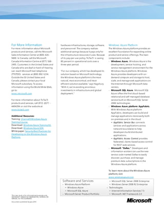 hardware infrastructures, storage,software,
and personnel. The company realizes
additional savings because it pays only for
the infrastructure resources it uses. Because
of its pay-per-use policy, TicTacTi is saving
80 percent in operational costs over a
three-year period.
"For our company, which has developed its
solution based on Microsoft technology,
the Windows Azure platformis the most
natural, most economical, and most
efficient solution available,” says Hagshury.
“With it, we’re avoiding enormous
investments in infrastructure and global
deployment.”
Windows Azure Platform
The Windows Azure platformprovides an
excellent foundation for expanding online
product and service offerings.The main
components include:
 Windows Azure. Windows Azure is the
development, service hosting, and
service management environment for the
Windows Azure platform. Windows
Azure provides developers with on-
demand compute and storage to host,
scale, and manage web applications on
the Internet through Microsoft data
centers.
 Microsoft SQL Azure. Microsoft SQL
Azure offers the first cloud-based
relational and self-managed database
service built on Microsoft SQL Server
2008 technologies.
 Windows Azure platform AppFabric.
With Windows Azure platform
AppFabric, developers can build and
manage applications more easily both
on-premises and in the cloud.
− AppFabric Service Bus connects
services and applications across
network boundaries to help
developers build distributed
applications.
− AppFabric Access Control provides
federated, claims-based access control
for REST web services.
 Microsoft "Dallas." Developers and
information workers can use the new
service code-named Dallas to easily
discover, purchase, and manage
premium data subscriptions in the
Windows Azure platform.
To learn more about the Windows Azure
platform, visit:
www.windowsazure.com
For More Information
For more information about Microsoft
products and services, call the Microsoft
Sales Information Center at (800) 426-
9400. In Canada, call the Microsoft
Canada Information Centre at (877) 568-
2495. Customers in the United States and
Canada who are deaf or hard-of-hearing
can reach Microsoft text telephone
(TTY/TDD) services at (800) 892-5234.
Outside the 50 United States and
Canada, please contact your local
Microsoft subsidiary. To access
information using the World Wide Web,
go to:
www.microsoft.com
For more information about TicTacTi
products and services, call (972) (0)77 -
4404394 or visit the website at:
www.tictacti.com
Additional Resources:
Training: Channel9 Windows Azure
Training Course
Download: Windows Azure Training Kit
Download: Windows Azure SDK
White paper: Security Best Practices for
Developing on the Windows Azure
Platform
This case study is for informational purposes only.
MICROSOFT MAKES NO WARRANTIES, EXPRESS OR
IMPLIED, IN THIS SUMMARY.
Document published August 2010
Software and Services
 Windows Azure Platform
− Windows Azure
− Microsoft SQL Azure
 Microsoft Server Product Portfolio
− Microsoft SQL Server 2008 Enterprise
− Windows Server 2008 R2 Enterprise
 Technologies
− Internet Information Services 7.5
− Microsoft .NET Framework 2.0
 