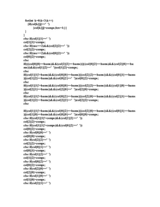 for(int k=0;k<3;k++) 
{if(col[k][j]==' ') 
{col[k][j]=comps;bre=1;}} 
} 
} 
else if(col[1][1]==' ') 
col[1][1]=comps; 
else if((use==2)&&(col[2][2]==' ')) 
col[2][2]=comps; 
else if((use==2)&&(col[0][2]==' ')) 
col[0][2]=comps; 
else 
if((((col[0][0]==hums)&&(col[2][2]==hums))||((col[0][2]==hums)&&(col[2][0]==hu 
ms)))&&(col[1][2]==' '))col[1][2]=comps; 
else 
if((col[1][1]!=hums)&&((col[0][0]==hums)||(col[2][2]==hums))&&((col[0][1]==hums 
)||(col[1][2]==hums))&&(col[0][2]==' '))col[0][2]=comps; 
else 
if((col[1][1]!=hums)&&((col[0][0]==hums)||(col[2][2]==hums))&&((col[1][0]==hums 
)||(col[2][1]==hums))&&(col[2][0]==' '))col[2][0]=comps; 
else 
if((col[1][1]!=hums)&&((col[0][2]==hums)||(col[2][0]==hums))&&((col[2][1]==hums 
)||(col[1][2]==hums))&&(col[2][2]==' '))col[2][2]=comps; 
else 
if((col[1][1]!=hums)&&((col[0][2]==hums)||(col[2][0]==hums))&&((col[0][1]==hums 
)||(col[1][0]==hums))&&(col[0][0]==' '))col[0][0]=comps; 
else if((col[1][1]!=comps)&&(col[2][2]==' ')) 
col[2][2]=comps; 
else if((col[1][1]!=comps)&&(col[0][2]==' ')) 
col[0][2]=comps; 
else if(col[0][0]==' ') 
col[0][0]=comps; 
else if(col[2][2]==' ') 
col[2][2]=comps; 
else if(col[0][1]==' ') 
col[0][1]=comps; 
else if(col[1][2]==' ') 
col[1][2]=comps; 
else if(col[0][2]==' ') 
col[0][2]=comps; 
else if(col[2][0]==' ') 
col[2][0]=comps; 
else if(col[1][0]==' ') 
col[1][0]=comps; 
else if(col[2][1]==' ') 
 