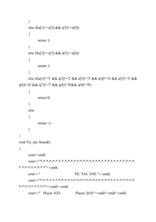 }
else if(a[1]==a[5] && a[5]==a[9])
{
return 1;
}
else if(a[3]==a[5] && a[5]==a[6])
{
return 1;
}
else if(a[1]!='1' && a[2]!='2' && a[3]!='3' && a[4]!='4' && a[5]!='5' &&
a[6]!='6' && a[7]!='7' && a[8]!='8'&& a[9]!='9')
{
return 0;
}
else
{
return -1;
}
}
void Tic_tac::board()
{
cout<<endl;
cout<<"*-*-*-*-*-*-*-*-*-*-*-*-*-*-*-*-*-*-*-*-*-*-*-*-*-*-*-*-*-*-*-
*-*-*-*-*-*-*-*-*"<<endl;
cout<<" TIC TAC TOE "<<endl;
cout<<"*-*-*-*-*-*-*-*-*-*-*-*-*-*-*-*-*-*-*-*-*-*-*-*-*-*-*-*-*-*-*-
*-*-*-*-*-*-*-*-*"<<endl<<endl;
cout<<" Player 1(X) Player 2(O)"<<endl<<endl<<endl;
 