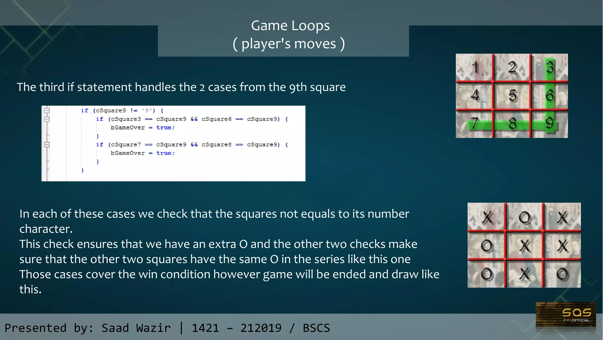 Game Loops
( player's moves )
Presented by: Saad Wazir | 1421 – 212019 / BSCS
The third if statement handles the 2 cases from the 9th square
In each of these cases we check that the squares not equals to its number
character.
This check ensures that we have an extra O and the other two checks make
sure that the other two squares have the same O in the series like this one
Those cases cover the win condition however game will be ended and draw like
this.
 