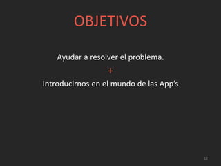 OBJETIVOS
Ayudar a resolver el problema.
+
Introducirnos en el mundo de las App’s
12