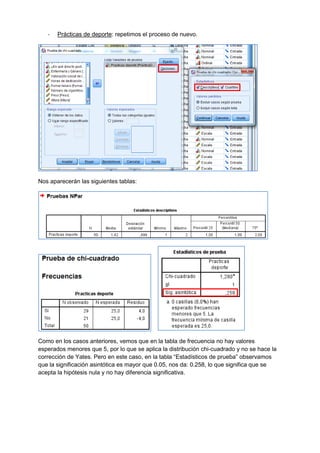 - Prácticas de deporte: repetimos el proceso de nuevo.
Nos aparecerán las siguientes tablas:
Como en los casos anteriores, vemos que en la tabla de frecuencia no hay valores
esperados menores que 5, por lo que se aplica la distribución chi-cuadrado y no se hace la
corrección de Yates. Pero en este caso, en la tabla “Estadísticos de prueba” observamos
que la significación asintótica es mayor que 0.05, nos da: 0.258, lo que significa que se
acepta la hipótesis nula y no hay diferencia significativa.
 