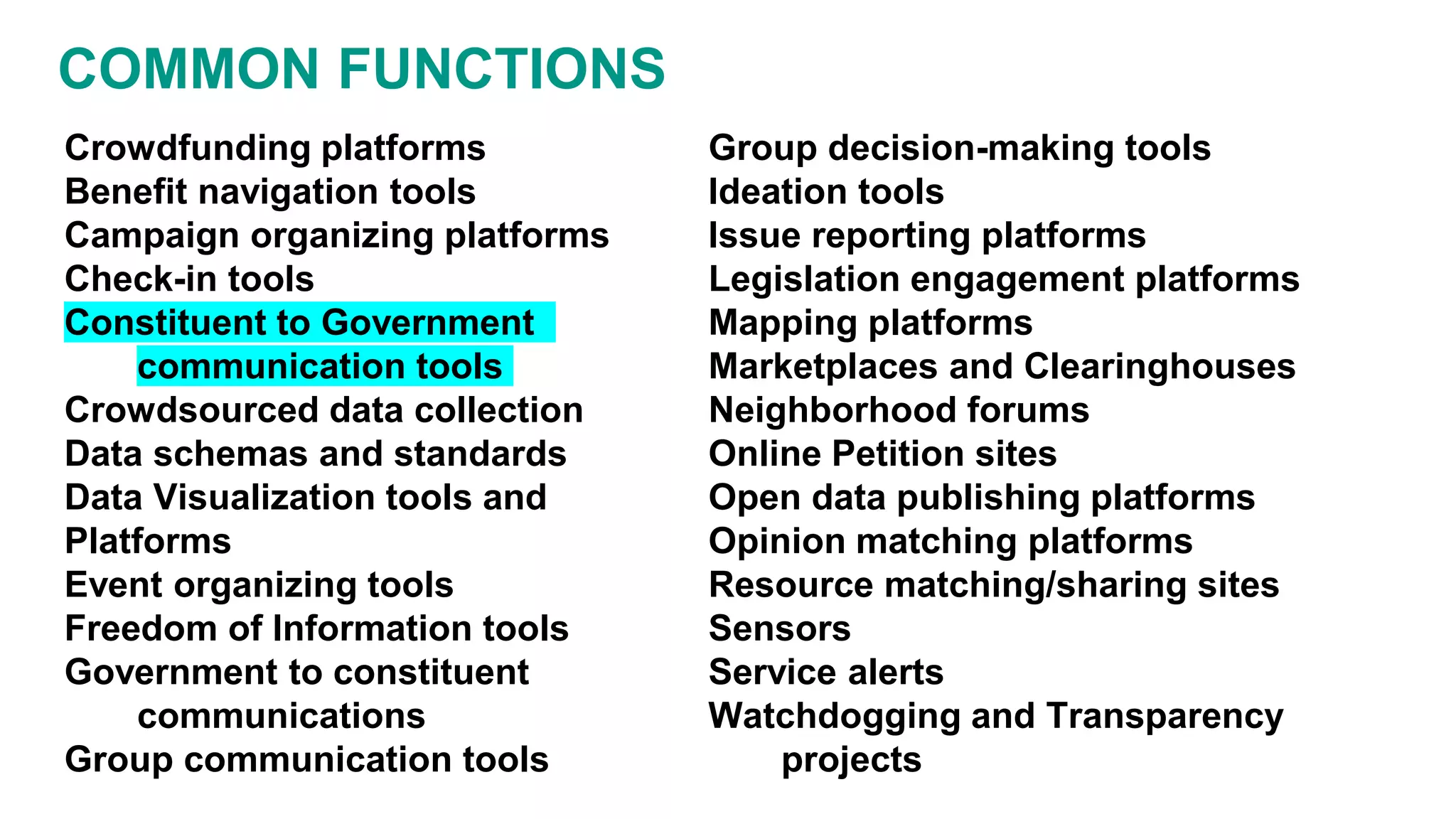 COMMON FUNCTIONS
Crowdfunding platforms
Benefit navigation tools
Campaign organizing platforms
Check-in tools
Constituent to Government
communication tools
Crowdsourced data collection
Data schemas and standards
Data Visualization tools and
Platforms
Event organizing tools
Freedom of Information tools
Government to constituent
communications
Group communication tools
Group decision-making tools
Ideation tools
Issue reporting platforms
Legislation engagement platforms
Mapping platforms
Marketplaces and Clearinghouses
Neighborhood forums
Online Petition sites
Open data publishing platforms
Opinion matching platforms
Resource matching/sharing sites
Sensors
Service alerts
Watchdogging and Transparency
projects
 
