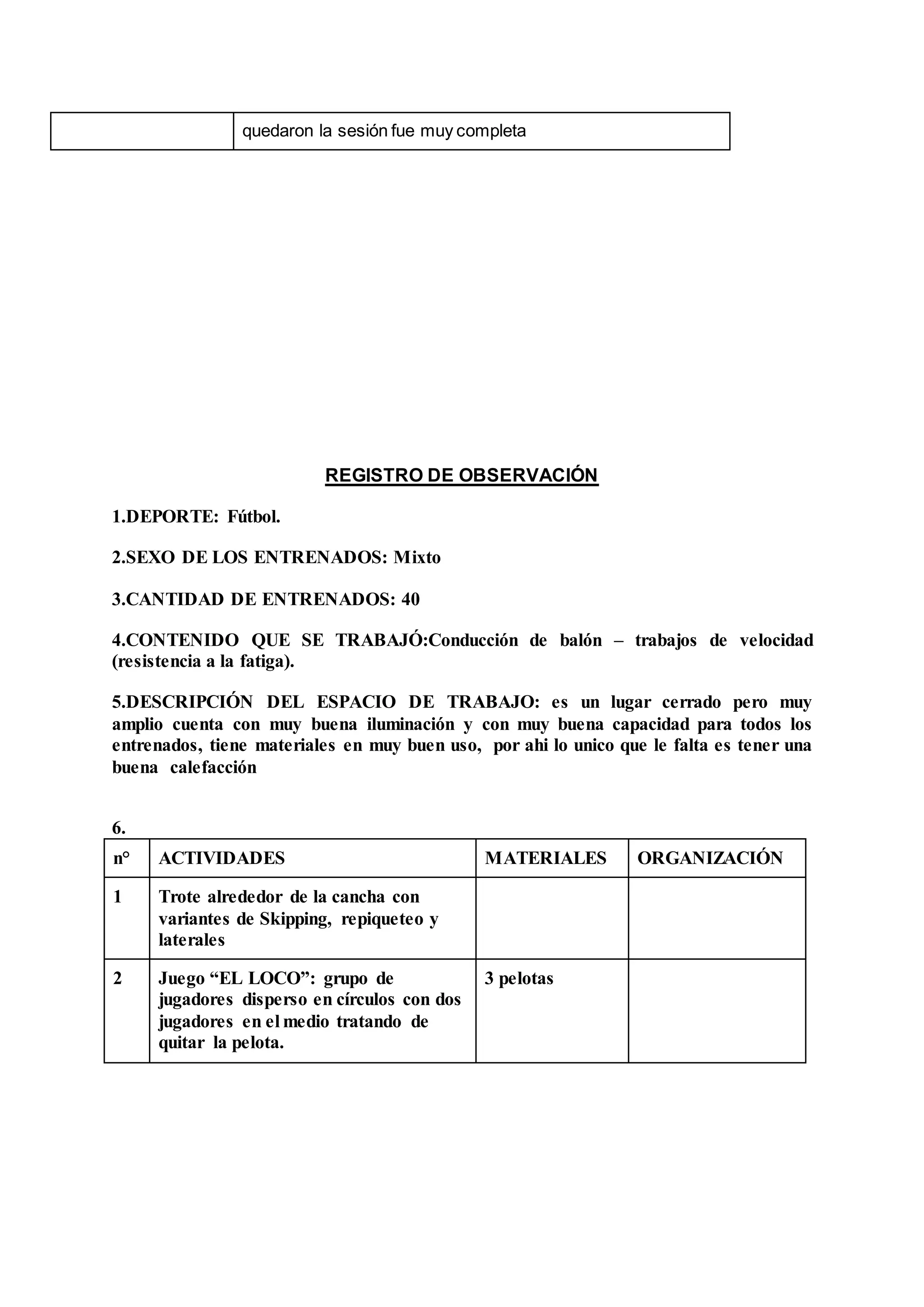 quedaron la sesión fue muy completa
REGISTRO DE OBSERVACIÓN
1.DEPORTE: Fútbol.
2.SEXO DE LOS ENTRENADOS: Mixto
3.CANTIDAD DE ENTRENADOS: 40
4.CONTENIDO QUE SE TRABAJÓ:Conducción de balón – trabajos de velocidad
(resistencia a la fatiga).
5.DESCRIPCIÓN DEL ESPACIO DE TRABAJO: es un lugar cerrado pero muy
amplio cuenta con muy buena iluminación y con muy buena capacidad para todos los
entrenados, tiene materiales en muy buen uso, por ahi lo unico que le falta es tener una
buena calefacción
6.
n° ACTIVIDADES MATERIALES ORGANIZACIÓN
1 Trote alrededor de la cancha con
variantes de Skipping, repiqueteo y
laterales
2 Juego “EL LOCO”: grupo de
jugadores disperso en círculos con dos
jugadores en el medio tratando de
quitar la pelota.
3 pelotas
 