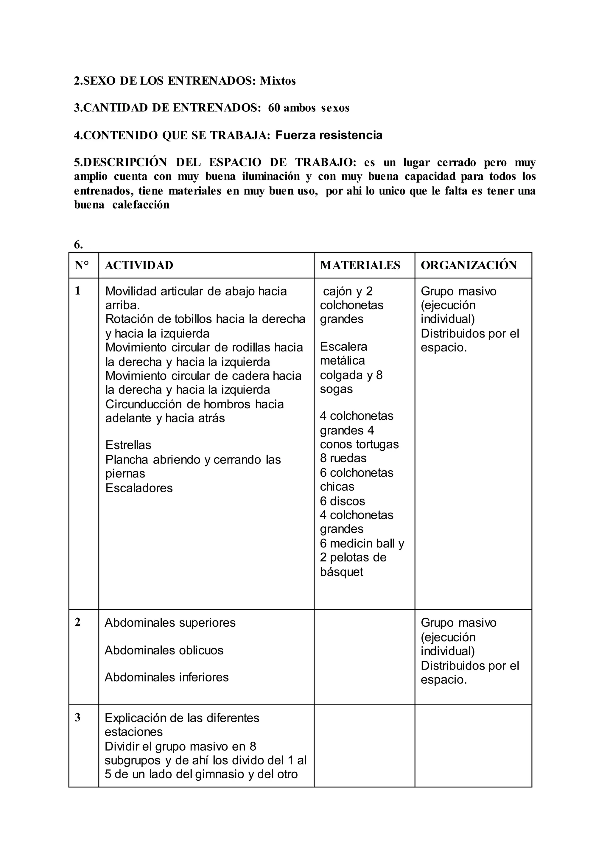 2.SEXO DE LOS ENTRENADOS: Mixtos
3.CANTIDAD DE ENTRENADOS: 60 ambos sexos
4.CONTENIDO QUE SE TRABAJA: Fuerza resistencia
5.DESCRIPCIÓN DEL ESPACIO DE TRABAJO: es un lugar cerrado pero muy
amplio cuenta con muy buena iluminación y con muy buena capacidad para todos los
entrenados, tiene materiales en muy buen uso, por ahi lo unico que le falta es tener una
buena calefacción
6.
N° ACTIVIDAD MATERIALES ORGANIZACIÓN
1 Movilidad articular de abajo hacia
arriba.
Rotación de tobillos hacia la derecha
y hacia la izquierda
Movimiento circular de rodillas hacia
la derecha y hacia la izquierda
Movimiento circular de cadera hacia
la derecha y hacia la izquierda
Circunducción de hombros hacia
adelante y hacia atrás
Estrellas
Plancha abriendo y cerrando las
piernas
Escaladores
cajón y 2
colchonetas
grandes
Escalera
metálica
colgada y 8
sogas
4 colchonetas
grandes 4
conos tortugas
8 ruedas
6 colchonetas
chicas
6 discos
4 colchonetas
grandes
6 medicin ball y
2 pelotas de
básquet
Grupo masivo
(ejecución
individual)
Distribuidos por el
espacio.
2 Abdominales superiores
Abdominales oblicuos
Abdominales inferiores
Grupo masivo
(ejecución
individual)
Distribuidos por el
espacio.
3 Explicación de las diferentes
estaciones
Dividir el grupo masivo en 8
subgrupos y de ahí los divido del 1 al
5 de un lado del gimnasio y del otro
 