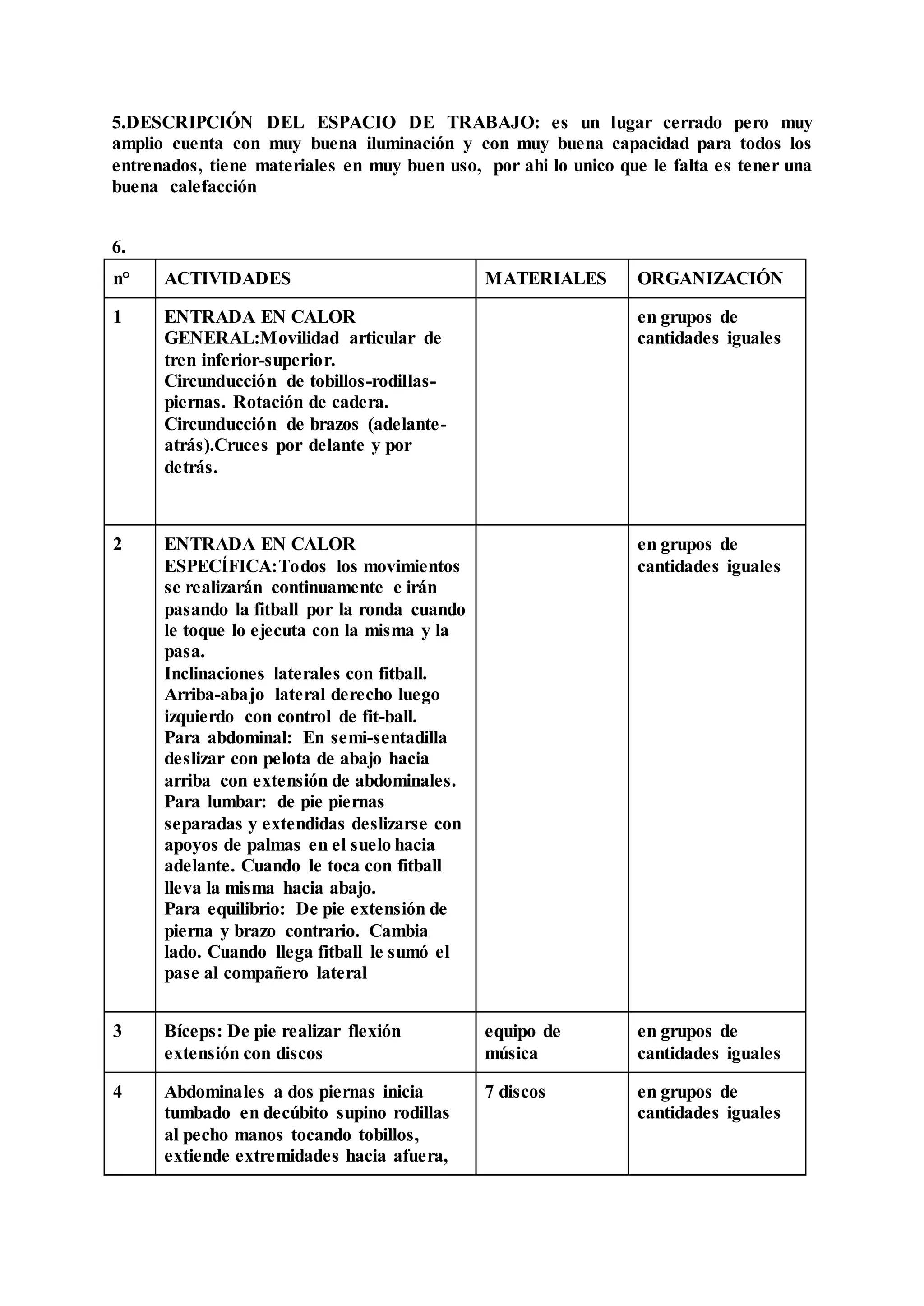 5.DESCRIPCIÓN DEL ESPACIO DE TRABAJO: es un lugar cerrado pero muy
amplio cuenta con muy buena iluminación y con muy buena capacidad para todos los
entrenados, tiene materiales en muy buen uso, por ahi lo unico que le falta es tener una
buena calefacción
6.
n° ACTIVIDADES MATERIALES ORGANIZACIÓN
1 ENTRADA EN CALOR
GENERAL:Movilidad articular de
tren inferior-superior.
Circunducción de tobillos-rodillas-
piernas. Rotación de cadera.
Circunducción de brazos (adelante-
atrás).Cruces por delante y por
detrás.
en grupos de
cantidades iguales
2 ENTRADA EN CALOR
ESPECÍFICA:Todos los movimientos
se realizarán continuamente e irán
pasando la fitball por la ronda cuando
le toque lo ejecuta con la misma y la
pasa.
Inclinaciones laterales con fitball.
Arriba-abajo lateral derecho luego
izquierdo con control de fit-ball.
Para abdominal: En semi-sentadilla
deslizar con pelota de abajo hacia
arriba con extensión de abdominales.
Para lumbar: de pie piernas
separadas y extendidas deslizarse con
apoyos de palmas en el suelo hacia
adelante. Cuando le toca con fitball
lleva la misma hacia abajo.
Para equilibrio: De pie extensión de
pierna y brazo contrario. Cambia
lado. Cuando llega fitball le sumó el
pase al compañero lateral
en grupos de
cantidades iguales
3 Bíceps: De pie realizar flexión
extensión con discos
equipo de
música
en grupos de
cantidades iguales
4 Abdominales a dos piernas inicia
tumbado en decúbito supino rodillas
al pecho manos tocando tobillos,
extiende extremidades hacia afuera,
7 discos en grupos de
cantidades iguales
 
