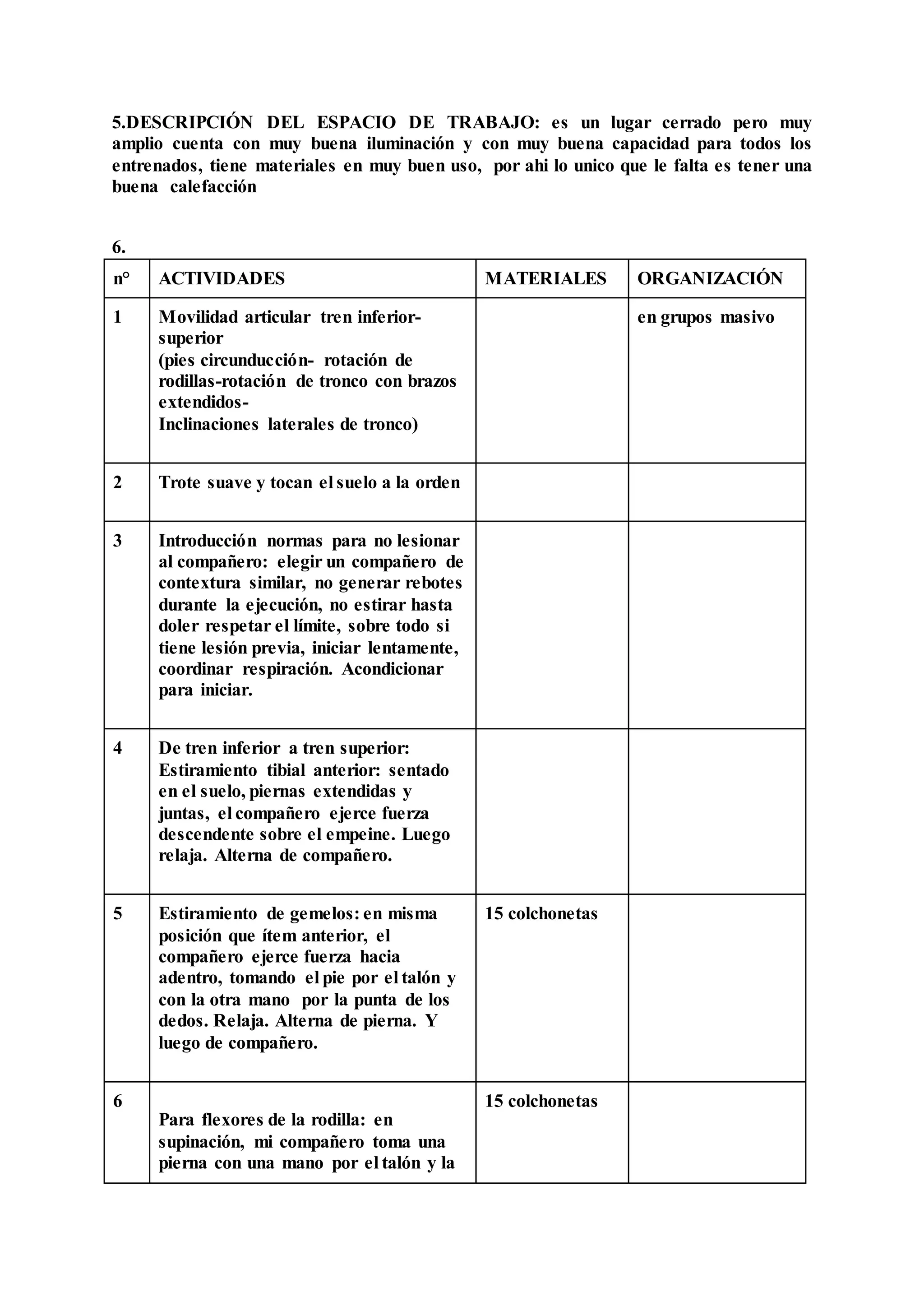 5.DESCRIPCIÓN DEL ESPACIO DE TRABAJO: es un lugar cerrado pero muy
amplio cuenta con muy buena iluminación y con muy buena capacidad para todos los
entrenados, tiene materiales en muy buen uso, por ahi lo unico que le falta es tener una
buena calefacción
6.
n° ACTIVIDADES MATERIALES ORGANIZACIÓN
1 Movilidad articular tren inferior-
superior
(pies circunducción- rotación de
rodillas-rotación de tronco con brazos
extendidos-
Inclinaciones laterales de tronco)
en grupos masivo
2 Trote suave y tocan el suelo a la orden
3 Introducción normas para no lesionar
al compañero: elegir un compañero de
contextura similar, no generar rebotes
durante la ejecución, no estirar hasta
doler respetar el límite, sobre todo si
tiene lesión previa, iniciar lentamente,
coordinar respiración. Acondicionar
para iniciar.
4 De tren inferior a tren superior:
Estiramiento tibial anterior: sentado
en el suelo, piernas extendidas y
juntas, el compañero ejerce fuerza
descendente sobre el empeine. Luego
relaja. Alterna de compañero.
5 Estiramiento de gemelos: en misma
posición que ítem anterior, el
compañero ejerce fuerza hacia
adentro, tomando el pie por el talón y
con la otra mano por la punta de los
dedos. Relaja. Alterna de pierna. Y
luego de compañero.
15 colchonetas
6
Para flexores de la rodilla: en
supinación, mi compañero toma una
pierna con una mano por el talón y la
15 colchonetas
 