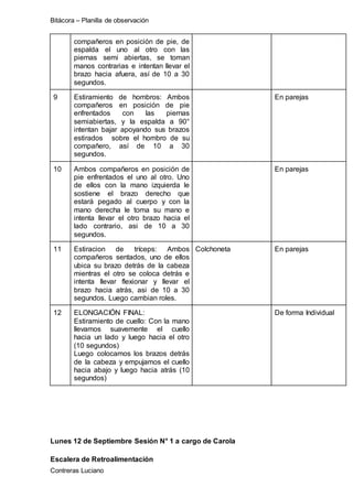 Bitácora – Planilla de observación
Contreras Luciano
compañeros en posición de pie, de
espalda el uno al otro con las
piernas semi abiertas, se toman
manos contrarias e intentan llevar el
brazo hacia afuera, así de 10 a 30
segundos.
9 Estiramiento de hombros: Ambos
compañeros en posición de pie
enfrentados con las piernas
semiabiertas, y la espalda a 90°
intentan bajar apoyando sus brazos
estirados sobre el hombro de su
compañero, así de 10 a 30
segundos.
En parejas
10 Ambos compañeros en posición de
pie enfrentados el uno al otro. Uno
de ellos con la mano izquierda le
sostiene el brazo derecho que
estará pegado al cuerpo y con la
mano derecha le toma su mano e
intenta llevar el otro brazo hacia el
lado contrario, asi de 10 a 30
segundos.
En parejas
11 Estiracion de tríceps: Ambos
compañeros sentados, uno de ellos
ubica su brazo detrás de la cabeza
mientras el otro se coloca detrás e
intenta llevar flexionar y llevar el
brazo hacia atrás, asi de 10 a 30
segundos. Luego cambian roles.
Colchoneta En parejas
12 ELONGACIÓN FINAL:
Estiramiento de cuello: Con la mano
llevamos suavemente el cuello
hacia un lado y luego hacia el otro
(10 segundos)
Luego colocamos los brazos detrás
de la cabeza y empujamos el cuello
hacia abajo y luego hacia atrás (10
segundos)
De forma Individual
Lunes 12 de Septiembre Sesión N° 1 a cargo de Carola
Escalera de Retroalimentación
 