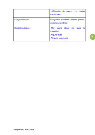 Manquecheo, Juan Carlos
12
10°Rotacion de cuerpo con pelotas
medicinales
Elongacion Final Elongacion articulares (brazos, piernas,
abdomen, hombros)
Retroalimentacion -Muy buena clase, me gusto la
intensidad
-Niguna duda
-Ninguna sugerencia
 