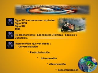 El fenómeno de la globalización : aproximaciones teóricas y
revisiones conceptuales
Siglo XVI = economía en expiación
Siglo XVIII
Siglo XIX
1980
Reordenamiento : Económicas ,Políticas , Sociales y
Culturales .
Interconexión que van desde :
* Universalización
* Particularización
* Interconexión
* diferenciación
* descentralización
 