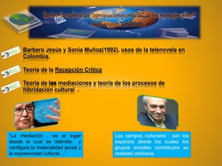 las teorías sobres las “apropiaciones criticas” de los mensajes y las “
mediaciones simbólicas”
Barbero Jesús y Sonia Muñoz(1992), usos de la telenovela en
Colombia.
Teoría de la Recepción Critica
Teoría de mediaciones y teoría de los procesos de
hibridación cultural .
“La mediación , es el lugar
desde el cual se delimita y
configura la materialidad social y
la expresividad cultural…”
Los campos culturales : son los
espacios desde los cuales los
grupos sociales constituyen su
realidad cotidiana.
 