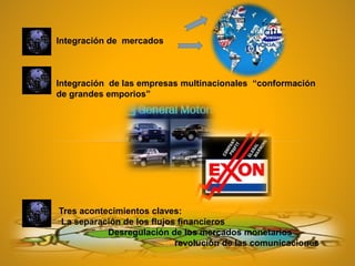 Integración de mercados
Integración de las empresas multinacionales “conformación
de grandes emporios”
Tres acontecimientos claves:
La separación de los flujos financieros
Desregulación de los mercados monetarios
revolución de las comunicaciones
 