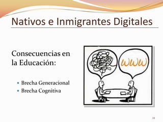 Nativos e Inmigrantes Digitales

Consecuencias en
la Educación:

  Brecha Generacional
  Brecha Cognitiva




                              10
 