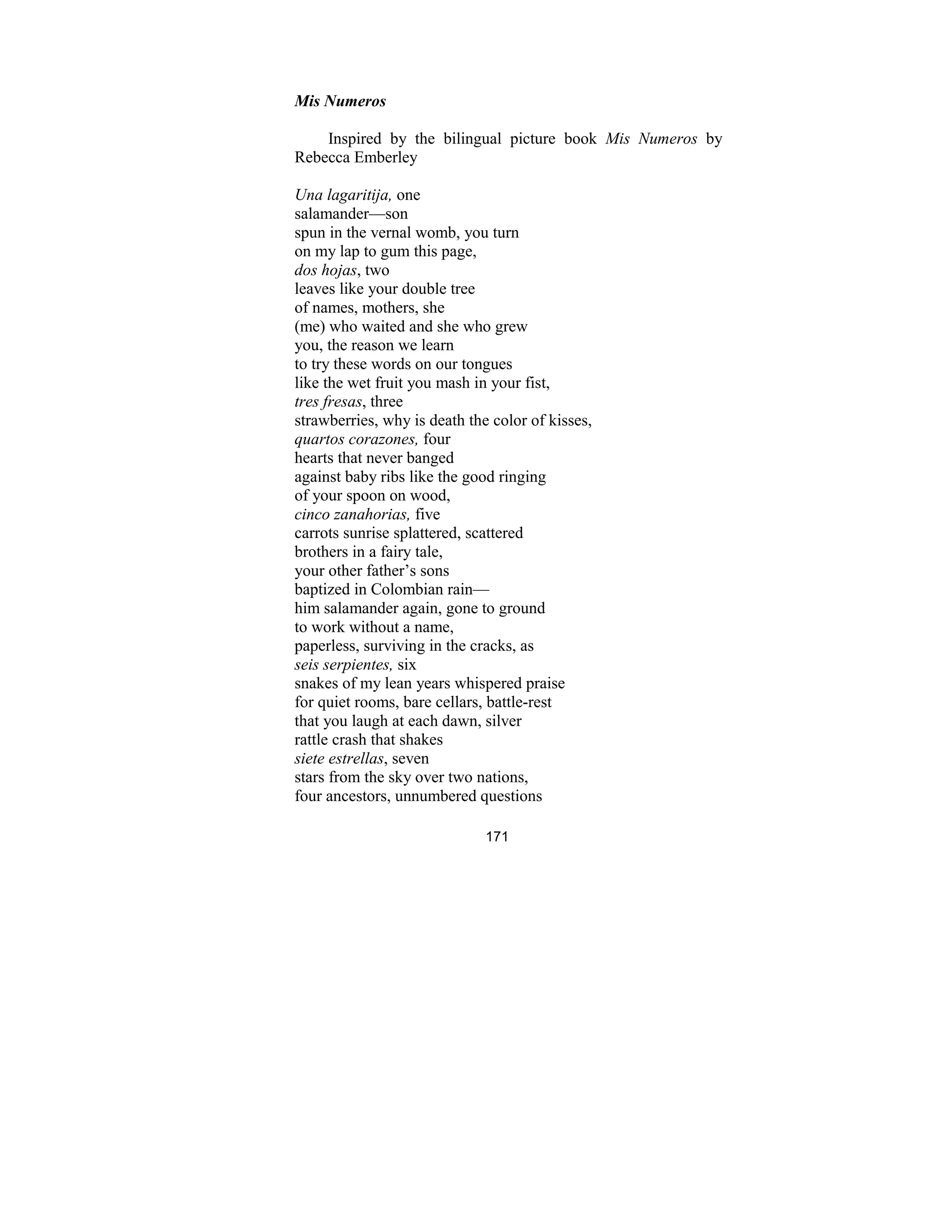 171
Mis umeros
Inspired by the bilingual picture book Mis umeros by
Rebecca Emberley
Una lagaritija, one
salamander—son
spun in the vernal womb, you turn
on my lap to gum this page,
dos hojas, two
leaves like your double tree
of names, mothers, she
(me) who waited and she who grew
you, the reason we learn
to try these words on our tongues
like the wet fruit you mash in your fist,
tres fresas, three
strawberries, why is death the color of kisses,
quartos corazones, four
hearts that never banged
against baby ribs like the good ringing
of your spoon on wood,
cinco zanahorias, five
carrots sunrise splattered, scattered
brothers in a fairy tale,
your other father’s sons
baptized in Colombian rain—
him salamander again, gone to ground
to work without a name,
paperless, surviving in the cracks, as
seis serpientes, six
snakes of my lean years whispered praise
for quiet rooms, bare cellars, battle-rest
that you laugh at each dawn, silver
rattle crash that shakes
siete estrellas, seven
stars from the sky over two nations,
four ancestors, unnumbered questions
 