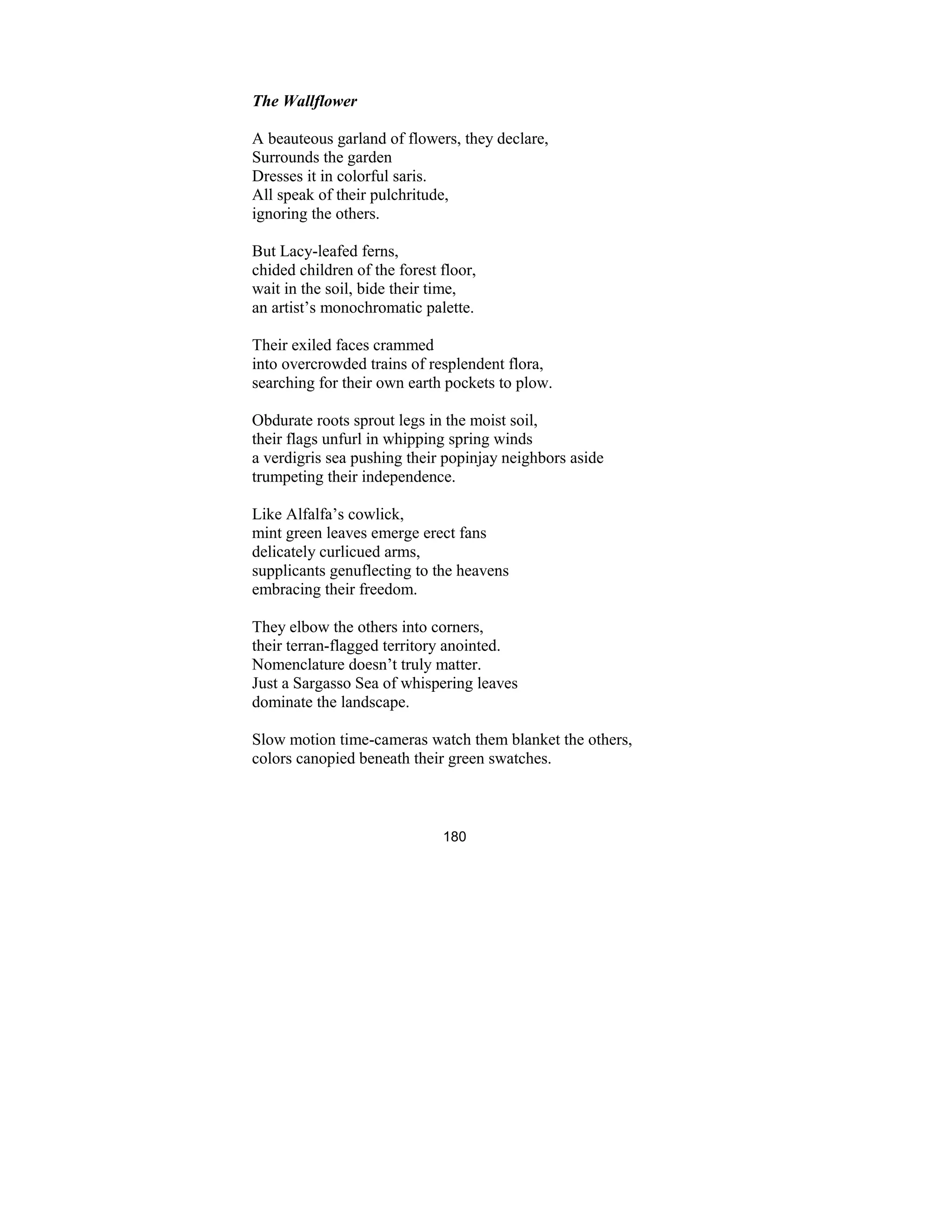 180
The Wallflower
A beauteous garland of flowers, they declare,
Surrounds the garden
Dresses it in colorful saris.
All speak of their pulchritude,
ignoring the others.
But Lacy-leafed ferns,
chided children of the forest floor,
wait in the soil, bide their time,
an artist’s monochromatic palette.
Their exiled faces crammed
into overcrowded trains of resplendent flora,
searching for their own earth pockets to plow.
Obdurate roots sprout legs in the moist soil,
their flags unfurl in whipping spring winds
a verdigris sea pushing their popinjay neighbors aside
trumpeting their independence.
Like Alfalfa’s cowlick,
mint green leaves emerge erect fans
delicately curlicued arms,
supplicants genuflecting to the heavens
embracing their freedom.
They elbow the others into corners,
their terran-flagged territory anointed.
Nomenclature doesn’t truly matter.
Just a Sargasso Sea of whispering leaves
dominate the landscape.
Slow motion time-cameras watch them blanket the others,
colors canopied beneath their green swatches.
 
