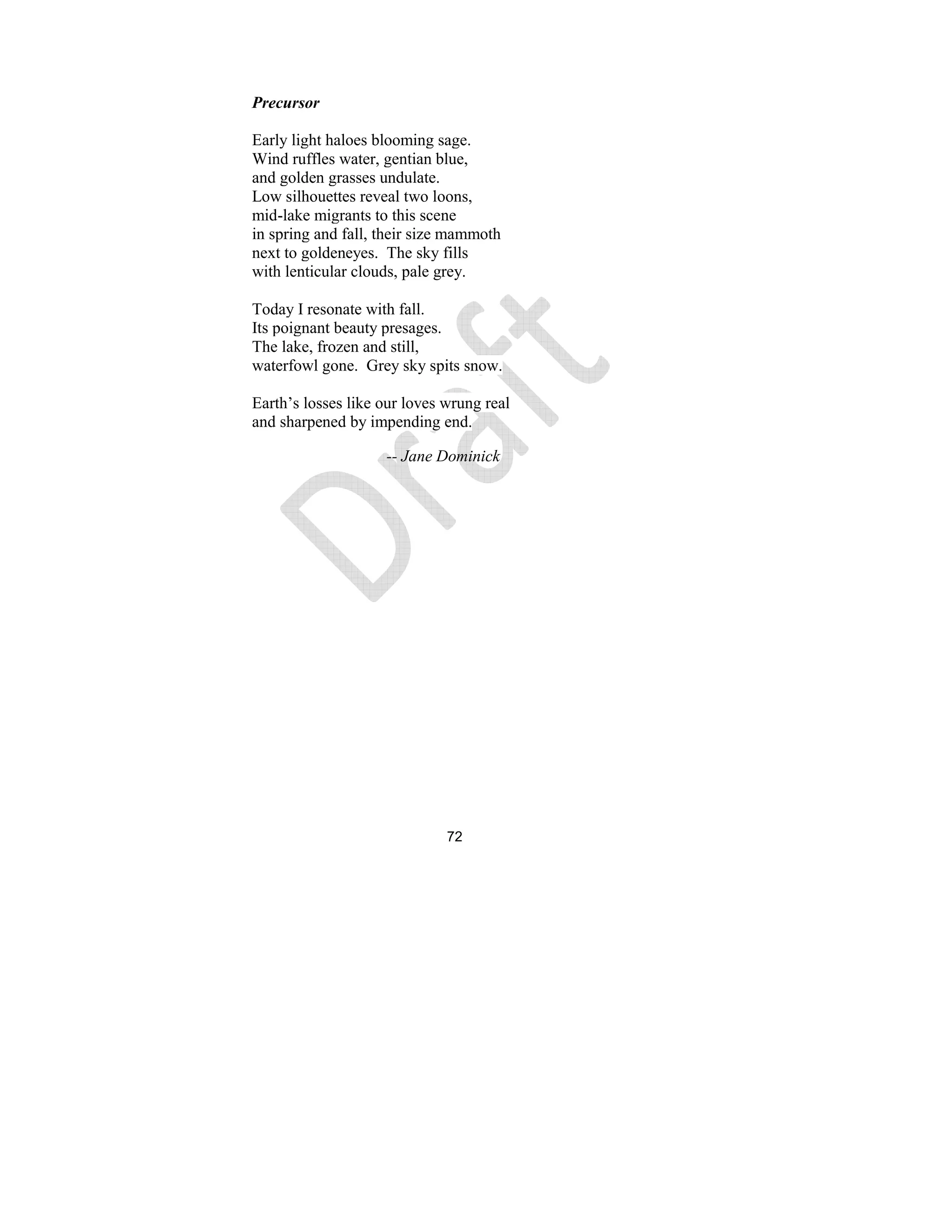 72
Precursor
Early light haloes blooming sage.
Wind ruffles water, gentian blue,
and golden grasses undulate.
Low silhouettes reveal two loons,
mid-lake migrants to this scene
in spring and fall, their size mammoth
next to goldeneyes. The sky fills
with lenticular clouds, pale grey.
Today I resonate with fall.
Its poignant beauty presages.
The lake, frozen and still,
waterfowl gone. Grey sky spits snow.
Earth’s losses like our loves wrung real
and sharpened by impending end.
-- Jane Dominick
 