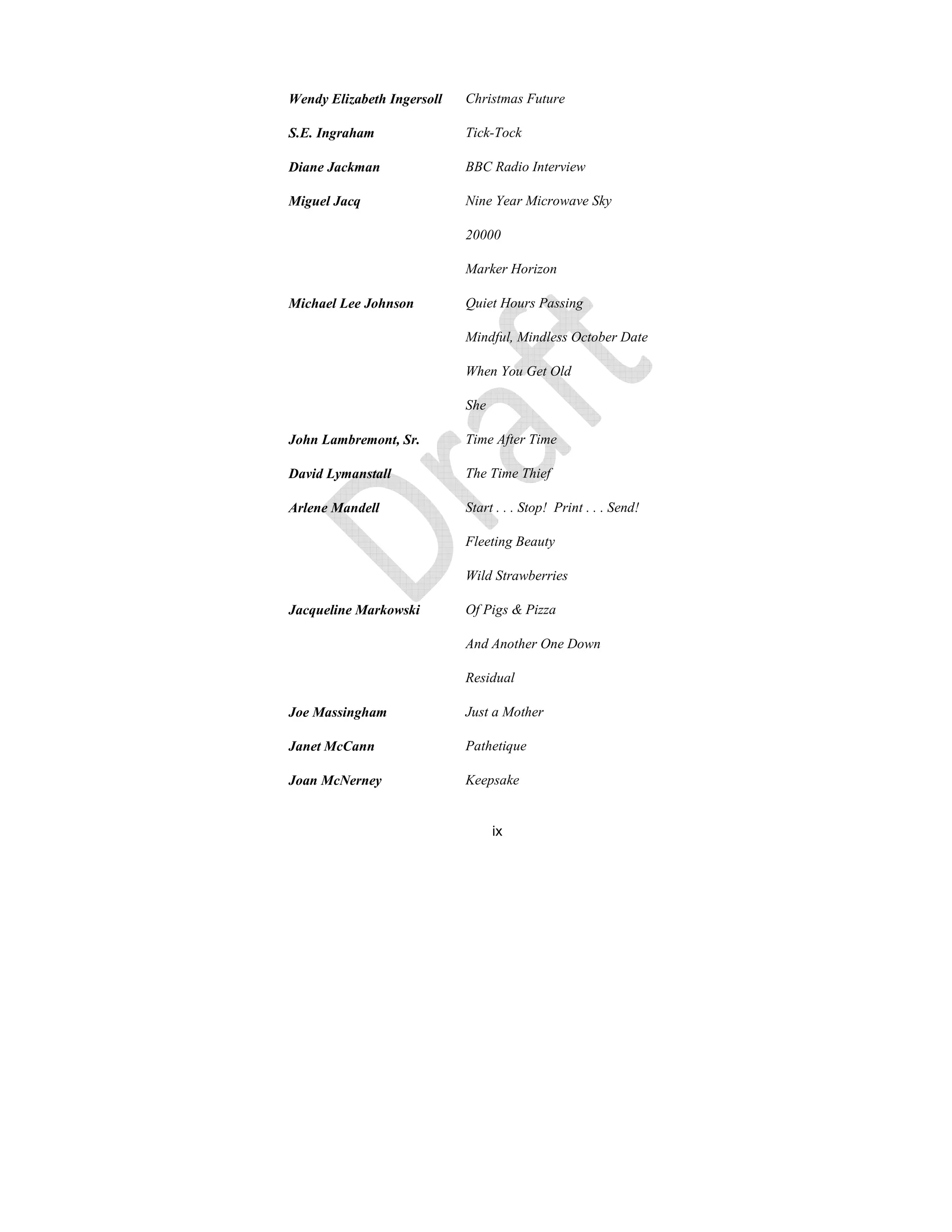 ix
Wendy Elizabeth Ingersoll Christmas Future
S.E. Ingraham Tick-Tock
Diane Jackman BBC Radio Interview
Miguel Jacq ine Year Microwave Sky
20000
Marker Horizon
Michael Lee Johnson Quiet Hours Passing
Mindful, Mindless October Date
When You Get Old
She
John Lambremont, Sr. Time After Time
David Lymanstall The Time Thief
Arlene Mandell Start . . . Stop! Print . . . Send!
Fleeting Beauty
Wild Strawberries
Jacqueline Markowski Of Pigs & Pizza
And Another One Down
Residual
Joe Massingham Just a Mother
Janet McCann Pathetique
Joan Mc erney Keepsake
 