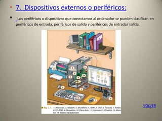 • 7. Dispositivos externos o periféricos:
• Los periféricos o dispositivos que conectamos al ordenador se pueden clasificar en
periféricos de entrada, periféricos de salida y periféricos de entrada/ salida.
VOLVER
 