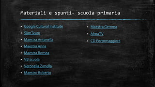 Materiali e spunti- scuola primaria
 Google Cultural Institute
 SlimTeam
 Maestra Antonella
 Maestra Anna
 Maestra Romea
 VB scuola
 Veronella Zimella
 Maestro Roberto
 Maestra Gemma
 AlmaTV
 CD Portomaggiore
 
