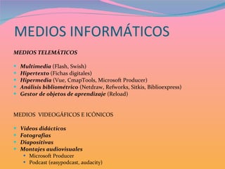 MEDIOS INFORMÁTICOS MEDIOS TELEMÁTICOS Multimedia  (Flash, Swish) Hipertexto  (Fichas digitales) Hipermedia  (Vue, CmapTools, Microsoft Producer) Análisis bibliométrico  (Netdraw, Refworks, Sitkis, Biblioexpress) Gestor de objetos de aprendizaje  (Reload) MEDIOS  VIDEOGÁFICOS E ICÓNICOS Vídeos didácticos Fotografías Diapositivas Montajes audiovisuales   Microsoft Producer Podcast (easypodcast, audacity) 