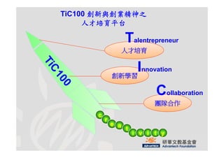 TiC100 創新與創業精神之
     人才培育平台

                  Talentrepreneur
                          p
                 人才培育


              創新學習
                  Innovation
                            Collaboration
                            團隊合作
      c
          r
              e a
                  t
                      i v i t y
 
