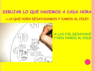  DIBUJAR LO QUE HACEMOS A CADA HORA¿A QUE HORA DESAYUNAMOS Y VAMOS AL COLE?                                                 ¡A LAS 9 EL DESAYUNO!                                                Y NOS VAMOS AL COLE!