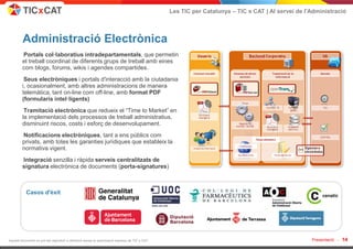 Les TIC per Catalunya – TIC x CAT | Al servei de l'Administració



         Administració Electrònica
        Portals col·laboratius intradepartamentals, que permetin
        el treball coordinat de diferents grups de treball amb eines
        com blogs, forums, wikis i agendes compartides.
         Seus electròniques i portals d'interacció amb la ciutadania
        i, ocasionalment, amb altres administracions de manera
        telemàtica, tant on-line com off-line, amb format PDF
        (formularis intel·ligents)
         Tramitació electrònica que redueix el “Time to Market” en
        la implementació dels processos de treball administratius,
        disminuint riscos, costs i esforç de desenvolupament.
        Notificacions electròniques, tant a ens públics com
        privats, amb totes les garanties jurídiques que estableix la
        normativa vigent.
        Integració senzilla i ràpida serveis centralitzats de
        signatura electrònica de documents (porta-signatures)



           Casos d'èxit




Aquest document no pot ser reproduït o distribuït sense la autorització expresa de TIC x CAT.                                                      Presentació -   14
 