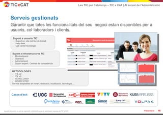Les TIC per Catalunya – TIC x CAT | Al servei de l'Administració



         Serveis gestionats
         Garantir que totes les funcionalitats del seu negoci estan disponibles per a
         usuaris, col·laboradors i clients.
               Suport a usuaris TIC
               •   Suport on- site del lloc de treball
               •   Help desk
               •   Call center tecnològic


           Suport a infraestructures TIC
           •       Monitorització
           •       Operació
           •       Administració
           •       Suport expert / Centres de competència


           METODOLOGIES
           • ITIL v2
           • ITIL v3
           • ISO/IEC 20001
           • ISO/IEC 27001
           Serveis adaptables en horari, dedicació, localització, tecnologia, ...




          Casos d'èxit




Aquest document no pot ser reproduït o distribuït sense la autorització expresa de TIC x CAT.                                                      Presentació -   18
 