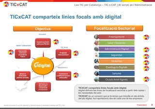 Les TIC per Catalunya – TIC x CAT | Al servei de l'Administració



         TICxCAT comparteix línies focals amb idigital


                                                    Innovació




                  Gestió Coneixement
                                                                                     TIC R+D




                                                                                 Solucions e-x




                                                                                                    TICXCAT comparteix línies focals amb idigital
                                                                                                    idigital defineix les línies de focalització sectorial a partir dels reptes i
                                                                                                    les necessitats del pais.
                                                                                                    TICXCAT és un consorci que ja fa temps que treballa en els àmbits
                                                                                                    del pla idigital, fent aportacions des de cada una de les empreses.


Aquest document no pot ser reproduït o distribuït sense la autorització expresa de TIC x CAT.                                                                          Presentació -   8
 
