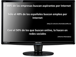 El 
80% 
de 
las 
empresas 
buscan 
aspirantes 
por 
Internet 
Sólo 
el 
48% 
de 
los 
españoles 
buscan 
empleo 
por 
Int...