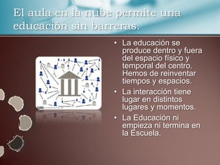 El aula en la nube permite una
educación sin barreras.
                  • La educación se
                    produce dentro y fuera
                    del espacio físico y
                    temporal del centro.
                    Hemos de reinventar
                    tiempos y espacios.
                  • La interacción tiene
                    lugar en distintos
                    lugares y momentos.
                  • La Educación ni
                    empieza ni termina en
                    la Escuela.
 