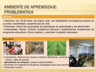 AMBIENTE DE APRENDIZAJE:
PROBLEMÁTICA
Actores :
Alumnos: con 18-20 años, de origen rural, con habilidades tecnológicas propias de
su edad, escolaridad y experiencias de vida.
Docentes: hacen las propuestas de actividades de aprendizaje y las desarrollan.
Autoridades: Rector, Director Académico General y Subdirectores Académicos de
programas educativos. Estos realizan y permiten la gestión educativa.
Recursos:
Laboratorios, Salones con acceso a Internet, Bibliotecas, prácticas de
campo, viajes de estudio,
laboratorios de cómputo, campos experimentales.
Docentes con experiencia disciplinar, pedagógica pero poca tecnológica.
Diversidad cultural.
 