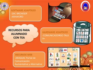 RECURSOS PARA
ALUMNADO
CON TEA
-ZAC BROWSER
-ARAWORD
-ARASAAC Portal de
Comunicación
Aumentativa y Alternativa
-COMUNICADORGO TALK
9+
 