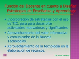 Función del Docente en cuanto a Diseñar Estrategias de Enseñanza y Aprendizaje Incorporación de estrategias con el uso de TIC, para para desarrollar actividades motivadoras y significantes. Aprovechamiento del valor informativo y comunicador de la Nuevas Tecnologías. Aprovechamiento de la tecnología en la elaboración de recursos. TIC en las Escuelas 