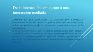 De la interacción cara a cara a una
interacción mediada
● CAMBIOS EN LOS PROCESOS DE INTERACCIÓN FAMILIAR:
incorporación de las TIC donde se generan situaciones de interacciones
medida, que permiten establecer vinculaciones y conexiones a pesar de la
ausencia física.
● En la interacción “cara a cara” el otro es completamente real (Berger y
lLcckmann, 2015, p.45) mientras que en el distanciamiento físico el otro -
aunque es real y existe-, no está en “aquí” y el “ahora” y, por lo tanto, está
ausente sin que ello signifique que necesariamente que sea falso, ilusorio o
imaginario.
 