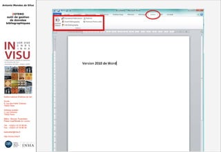 Antonio Mendes da Silva
ZOTERO
outil de gestion
de données
bibliographiques
Institut national d'histoire de l'art
Accès :
6, rue des Petits Champs
75002 Paris
Adresse postale :
2, rue Vivienne
75002 Paris
Métro : Bourse, Pyramides
Palais royal/Musée du Louvre
Tél. : +33(0)1 47 03 89 84
Fax : +33(0)1 47 03 86 36
lesticetlart@inha.fr
http://invisu.inha.fr
 