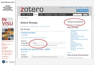 Antonio Mendes da Silva
ZOTERO
outil de gestion
de données
bibliographiques
Institut national d'histoire de l'art
Accès :
6, rue des Petits Champs
75002 Paris
Adresse postale :
2, rue Vivienne
75002 Paris
Métro : Bourse, Pyramides
Palais royal/Musée du Louvre
Tél. : +33(0)1 47 03 89 84
Fax : +33(0)1 47 03 86 36
lesticetlart@inha.fr
http://invisu.inha.fr
 
