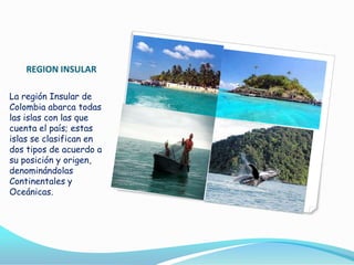 REGION INSULAR
La región Insular de
Colombia abarca todas
las islas con las que
cuenta el país; estas
islas se clasifican en
dos tipos de acuerdo a
su posición y origen,
denominándolas
Continentales y
Oceánicas.

 