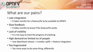 What are our pains?
• Late integration
• It takes months for a feature/fix to be available to OPNFV
• Slow feedback
• It takes months to know if the feature/fix works
• Lack of visibility
• It is not easy to track the progress of anything
• High demand on limited no of people
• new OpenStack release -> installer uplift -> feature integration
• Too fragmented
• Too many ways to do same thing, differently
 