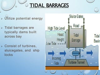 TIDAL BARRAGES
 Utilize potential energy
 Tidal barrages are
typically dams built
across bay
 Consist of turbines,
sluicegates, and ship
locks
 