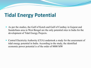 Tidal Energy Potential 
 As per the studies, the Gulf of Kutch and Gulf of Cambay in Gujarat and 
Sunderbans area in West Bengal are the only potential sites in India for the 
development of Tidal Energy Projects. 
 Central Electricity Authority (CEA) undertook a study for the assessment of 
tidal energy potential in India. According to the study, the identified 
economic power potential is of the order of 8000 MW 
 