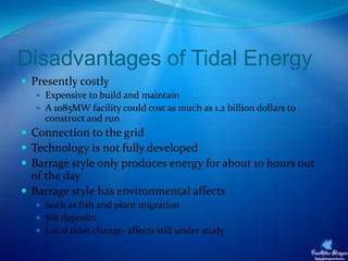 Disadvantages of Tidal Energy
 Presently costly
 Expensive to build and maintain
 A 1085MW facility could cost as much as 1.2 billion dollars to
construct and run
 Connection to the grid
 Technology is not fully developed
 Barrage style only produces energy for about 10 hours out
of the day
 Barrage style has environmental affects
 Such as fish and plant migration
 Silt deposits
 Local tides change- affects still under study
 