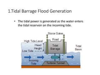 1.Tidal Barrage Flood Generation
• The tidal power is generated as the water enters
the tidal reservoir on the incoming tide.
 