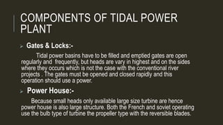 COMPONENTS OF TIDAL POWER
PLANT
 Gates & Locks:-
Tidal power basins have to be filled and emptied gates are open
regularly and frequently, but heads are vary in highest and on the sides
where they occurs which is not the case with the conventional river
projects . The gates must be opened and closed rapidly and this
operation should use a power.
 Power House:-
Because small heads only available large size turbine are hence
power house is also large structure. Both the French and soviet operating
use the bulb type of turbine the propeller type with the reversible blades.
 